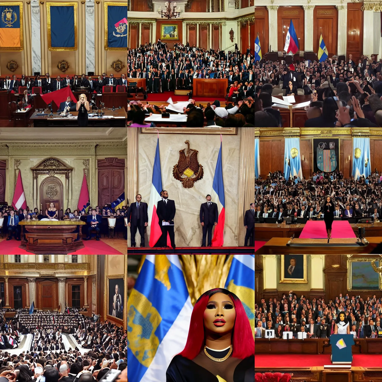 Prompt: A photo of Nicki Minaj delivering a speech as president of Argentina, Argentina flags behind, in the Argentine Congress, hd picture, highly detailed