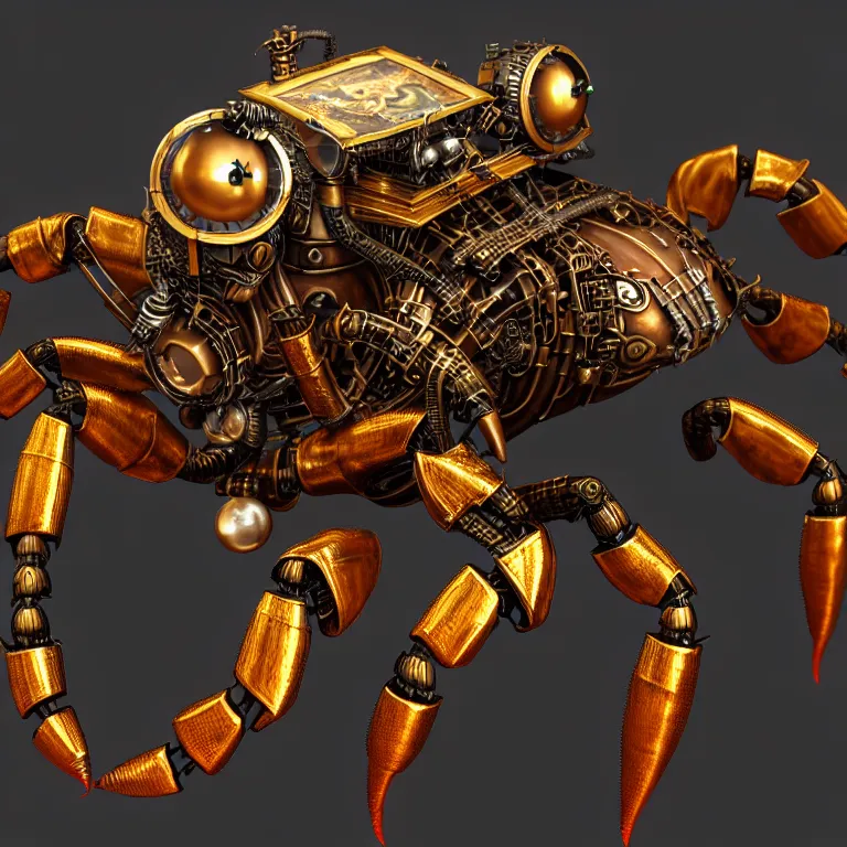 Prompt: steampunk robot scorpion, 3 d model, unreal engine realistic render, 8 k, micro detail, intricate, elegant, highly detailed, centered, digital painting, artstation, sharp focus