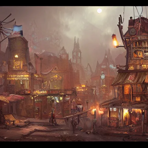 Image similar to A Complex steampunkVillage, art by Nathan Fowkes , art station, colorkey scene,