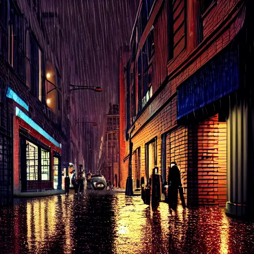 Image similar to dark neon lit streetscape, brick buildings, tall, dark lighting, cars, people, tail lights, headlights, wet rainy night, top - rated, award winning, realistic, detailed lighting, detailed shadows