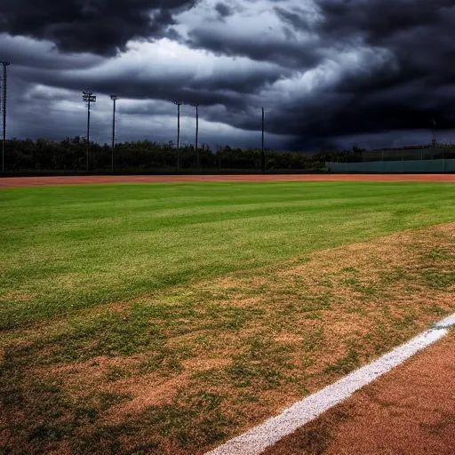 Prompt: deserted baseball field before a storm