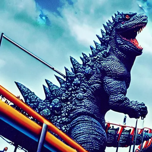Image similar to Godzilla riding a roller coaster