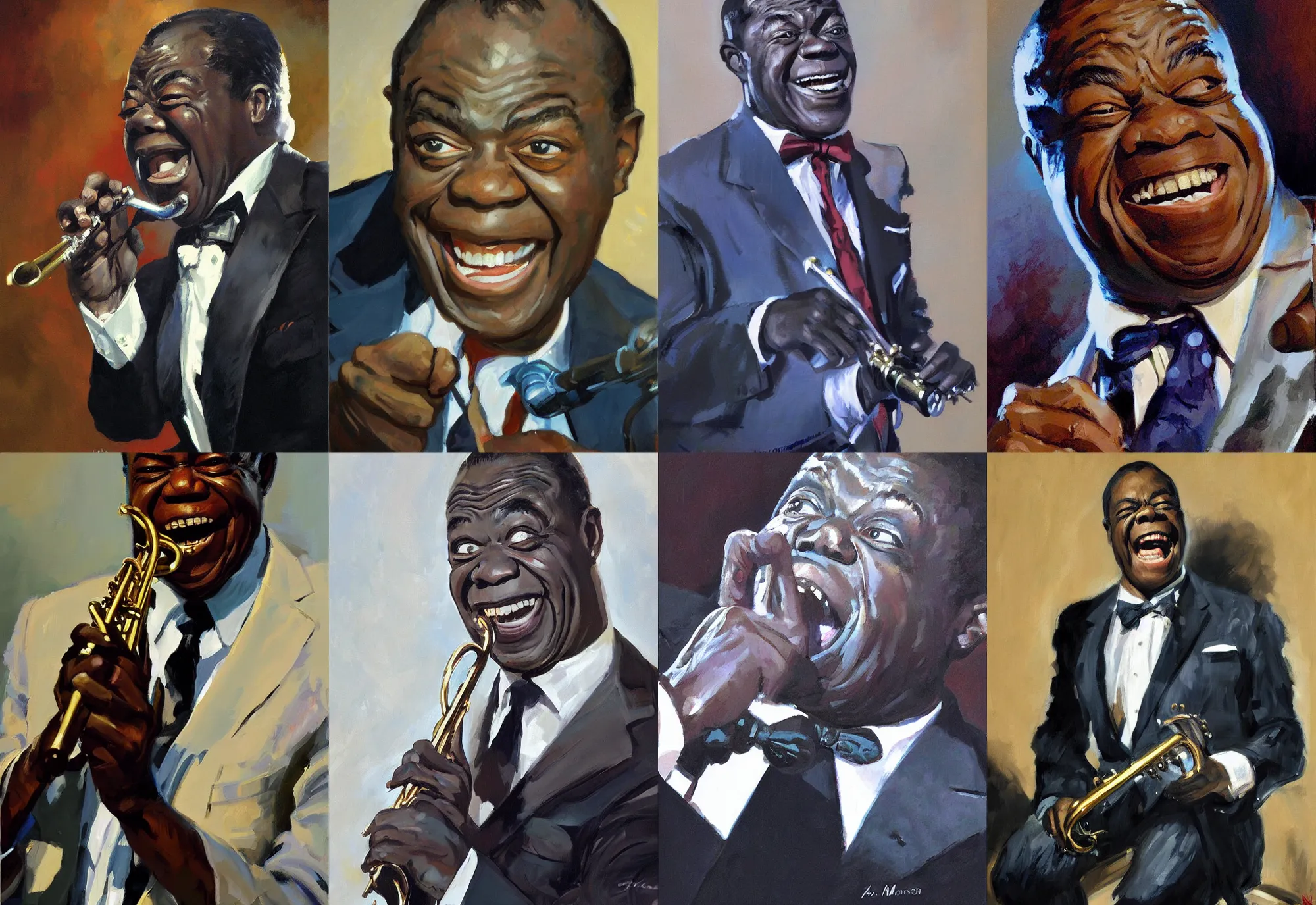 Image similar to a portrait of louis armstrong telling a joke, by greg manchess, dramatic lighting, highly detailed digital painting