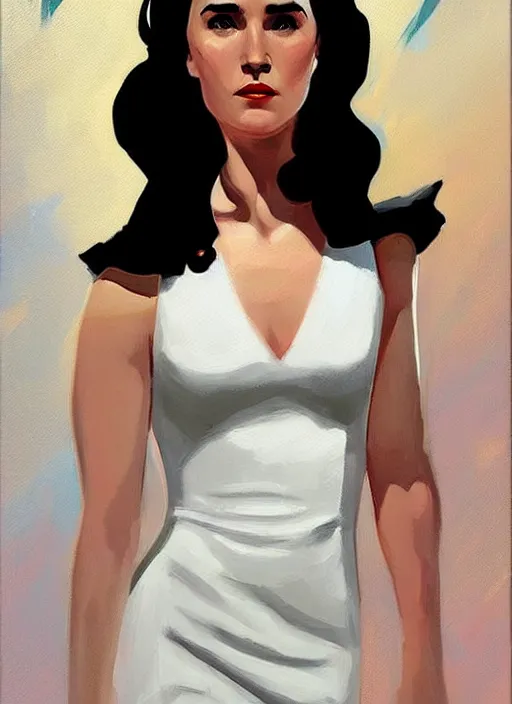 Image similar to young jennifer connelly in a white dress as jenny blake from the movie the rocketeer ; detailed artwork by phil noto ; brush texture ; asymmetric composition ; paint texture ; trending on artstation ; gallery painting by phil noto in the comic book style of phil noto