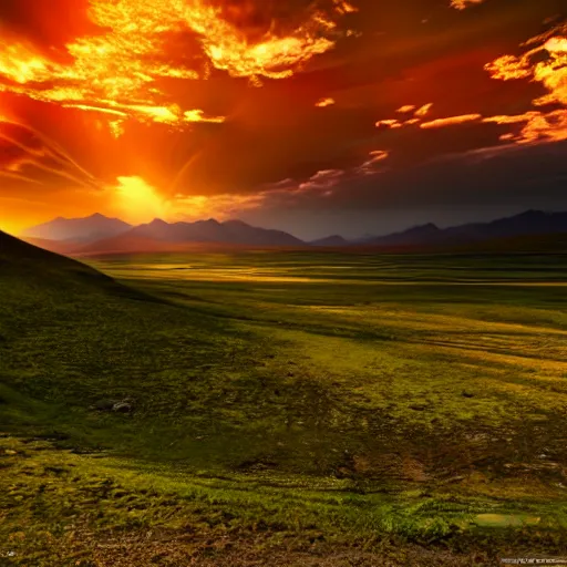 Prompt: sunset valley in kyrgyz, vray, hdr, cloudy, soft shadow, photorealistic