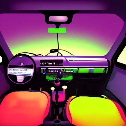 Image similar to 9 0 s fiat panda interior at night, with neon lights in the background, artstation, 3 5 mm, vaporwave