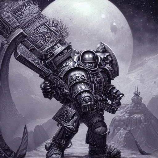 Image similar to photorealistic warhammer 4 0 k in the style of michael whelan and gustave dore. hyperdetailed photorealism, 1 0 8 megapixels, fully clothed, lunar themed attire, amazing depth, glowing rich colors, powerful imagery, psychedelic overtones, 3 d finalrender, 3 d shading, cinematic lighting, artstation concept art