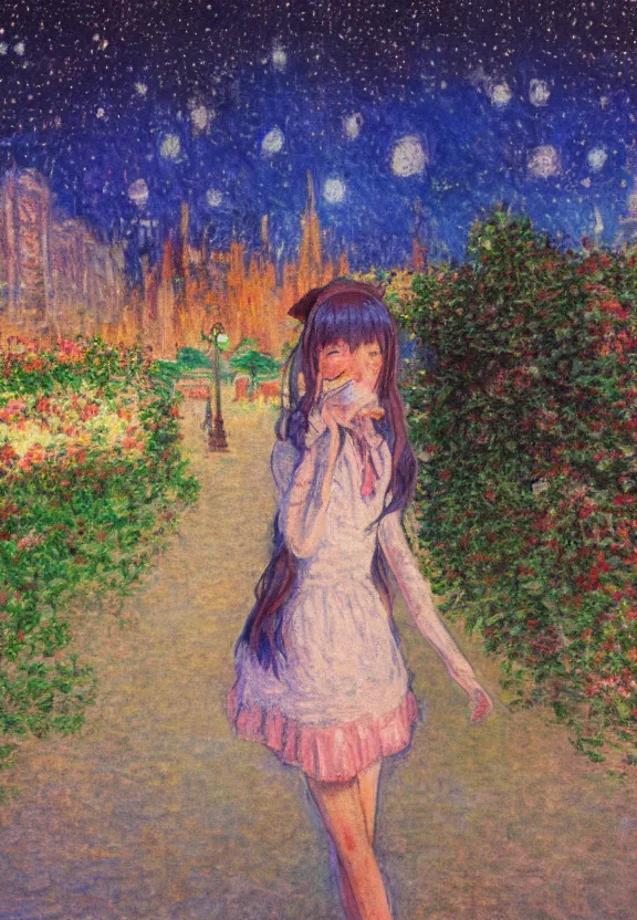 Image similar to wide angle portrait of a teenage girl, a thrifty outfit, very anime in impressionist style, city street view background, starlit night sky, trending artwork, anime painter studio, by claude monet