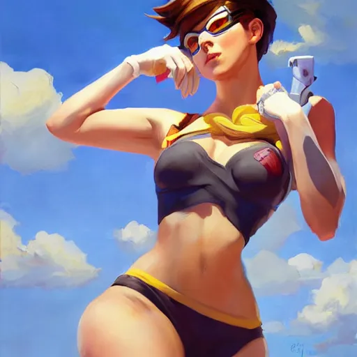 Image similar to greg manchess portrait painting of overwatch's tracer in a bikini, pinup art, medium shot, asymmetrical, organic painting, sunny day, matte painting, bold shapes, hard edges, street art, trending on artstation, by huang guangjian and gil elvgren and sachin teng