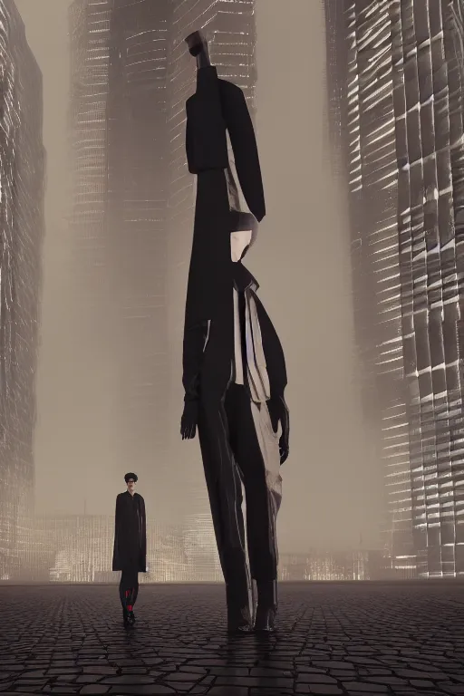 Prompt: Full body outfit inspired by Yohji Yamamoto on a person standing amongst a giant metropolis. Heavy rain. Ambient light. Cinematography. Cinematic. Colour grading. Tech. V-ray. Octane Render. 3D. Realism. epic.