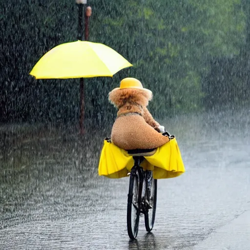 Image similar to a dog with a yellow hat riding a bike while raining