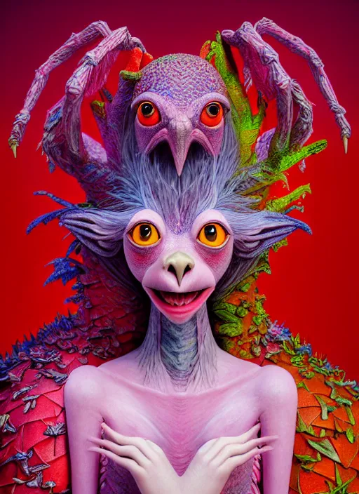 Image similar to hyper detailed 3d render like a Oil painting - kawaii portrait of two Aurora (a beautiful skeksis muppet fae princess protective playful expressive from dark crystal that looks like Anya Taylor-Joy) seen red carpet photoshoot in UVIVF posing in scaly dress to Eat of the Strangling network of yellowcake aerochrome and milky Fruit and His delicate Hands hold of gossamer polyp blossoms bring iridescent fungal flowers whose spores black the foolish stars by Jacek Yerka, Ilya Kuvshinov, Mariusz Lewandowski, Houdini algorithmic generative render, golen ratio, Abstract brush strokes, Masterpiece, Edward Hopper and James Gilleard, Zdzislaw Beksinski, Mark Ryden, Wolfgang Lettl, hints of Yayoi Kasuma and Dr. Seuss, octane render, 8k