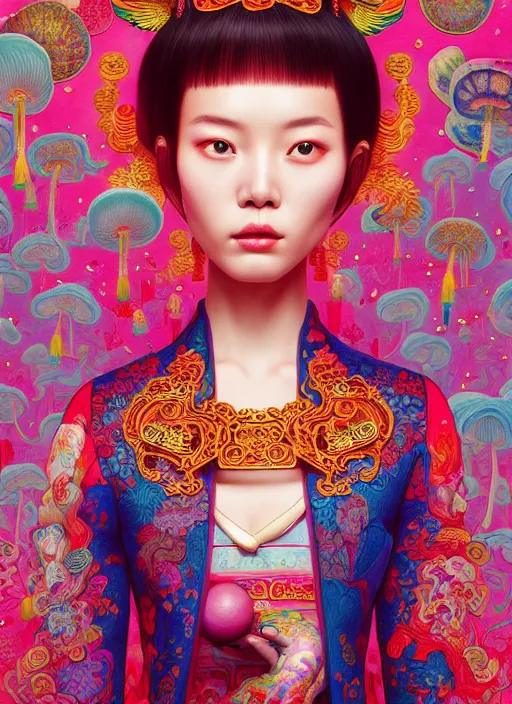 Image similar to pretty chinese model with hallucination mushroom : : by martine johanna and simon stalenhag and chie yoshii and casey weldon and wlop : : ornate, dynamic, particulate, rich colors, intricate, elegant, highly detailed, centered, vogue, fashion magazine, smooth, sharp focus, octane render, 8 k