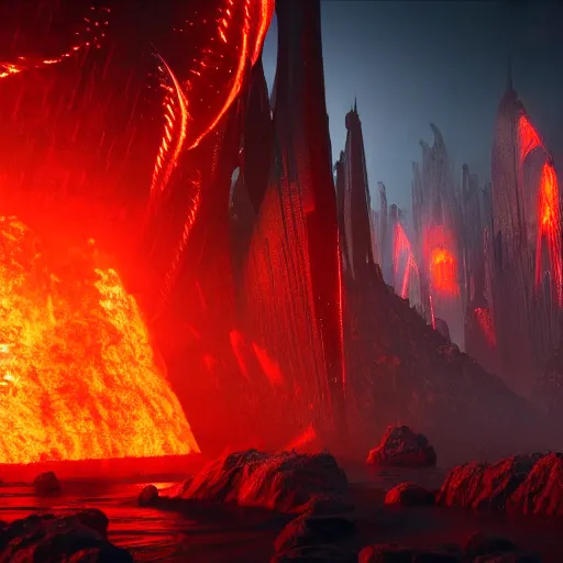 Image similar to muspelheim with sci fi fantasy structures and factories and lots of magma, scandinavian / norse influenced, cinematic, ray traced, octane render, cinematic lighting, ultrarealistic, featured on artstation, 8 k uhd artwork