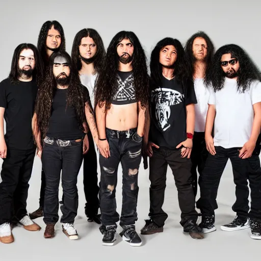 Image similar to group of ethnically diverse 19-year-old boys and girls with long permed wavy hair, stoner rock, traditional heavy metal, heavy rock, band promo image, 2022 HD photograph