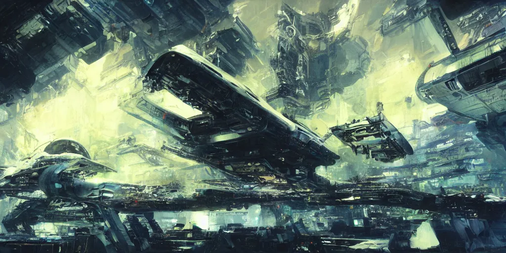 Prompt: hi - tech alien space ship crashed on dystopian earth, nyc 2 0 7 7, detailed, sharp focus, brush strokes, technicolor, by john berkey, craig mullins.