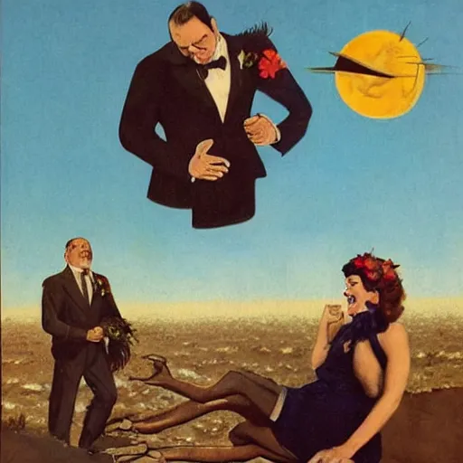 Prompt: i wouldn't marry you if you were the last man on earth!, apocalypse wedding, crying sad unhappy bride, laughing groom, doomsday by gil elvgren and margaret brundage and chesley bonestell