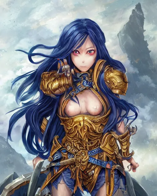 Image similar to An anime portrait of a beautiful D&D half-orc female with long wavy dark blue hair, bright orange eyes, intricate full body armour, fantasy soldier, by Stanley Artgerm Lau, WLOP, Rossdraws, James Jean, Andrei Riabovitchev, Marc Simonetti, and Sakimichan, highly detailed, ultra detailed, golden hour, trending on artstation, cgstudio