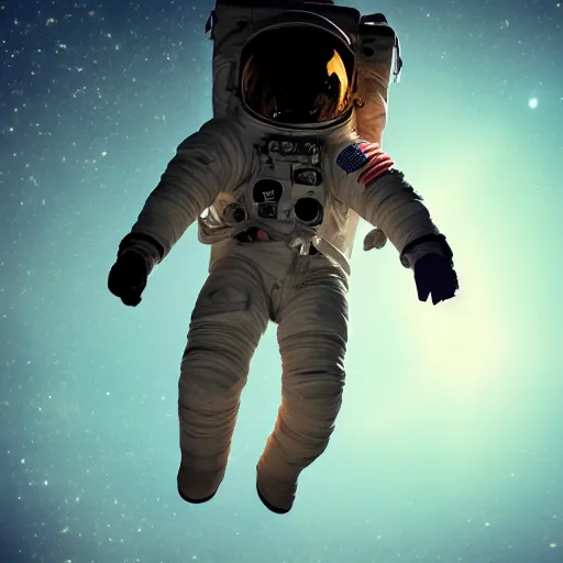 Image similar to photograph of an astronaut against the darkness of space, singular light source from below, full body photo, amazing light and shadow contrast, 8 k