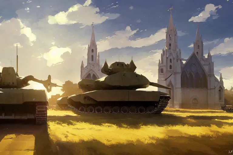 Image similar to concept art of a huge church mounted on a tank aka churchtank in an open field, key visual, ambient lighting, highly detailed, digital painting, artstation, concept art, sharp focus, by makoto shinkai and akihiko yoshida and greg manchess