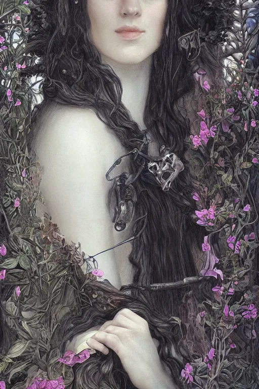 Image similar to An extremely beautiful pre-raphaelite portrait of a very beautiful and cute witch, surreal, ultradetailed, intricate, elegant, digital art painting, concept art, smooth, sharp focus, poster art, art cover illustration, regal, award winning picture, extremely detailed masterpiece, sense of awe, featured on artstation, Artgerm, effervescent punk kawaii-noir pastel bubbles, winning award piece, ethereal rainbows, Aetherpunk, low-key neon lightning, stormy weather, Exquisite details, 8K detail post-processing, matte, oil painting