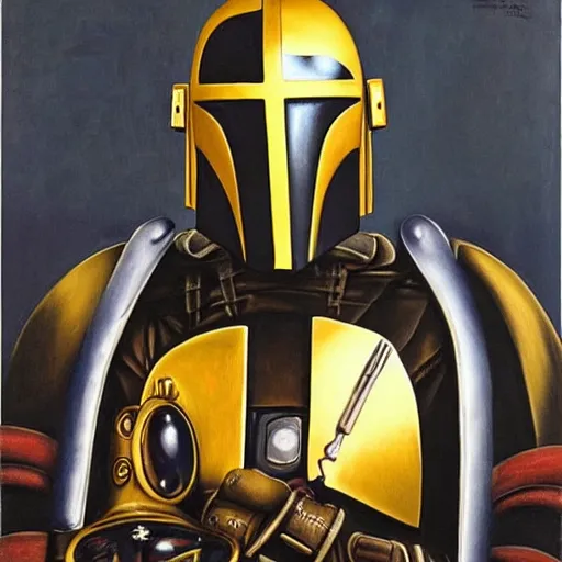 Image similar to Lofi steamPunk portrait mandalorian wearing black and gold plate armor, a surrealist painting by Salvador Dalí