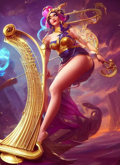 Image similar to sona, from league of legends, with an harp, hyper detailed, digital art, trending in artstation, cinematic lighting, studio quality, smooth render, unreal engine 5 rendered, octane rendered, art style by klimt and nixeu and ian sprigger and wlop and krenz cushart