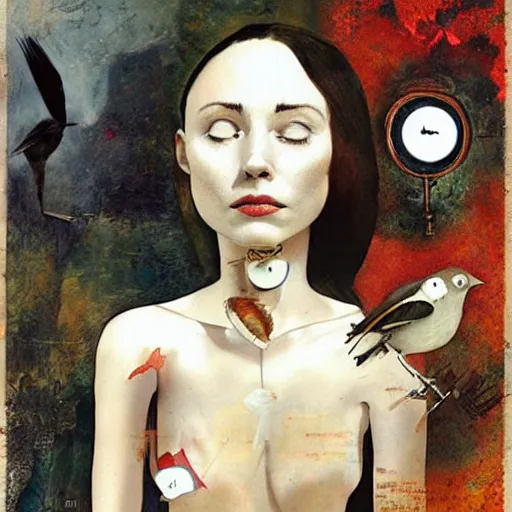 Image similar to a naive woman with a memory that survives the reset of the world, and a small robot bird on her shoulder, collage artwork by dave mckean and esao andrews