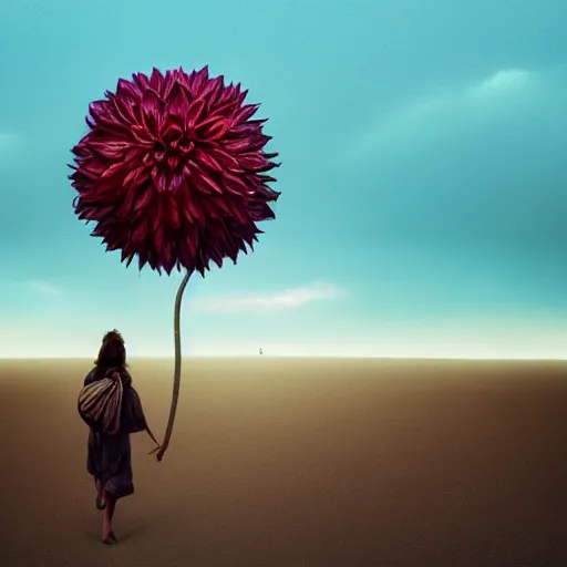 Prompt: closeup giant dahlia flower over the head, girl walking between dunes, surreal photography, sunrise, blue sky, dramatic light, impressionist painting, digital painting, artstation, simon stalenhag