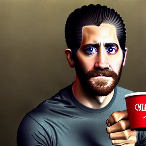 Image similar to jake gyllenhaal's face fused with a millshake cup with a red and white staw ( ( white milkshake jake gyllenhaal face ) ), jake gyllenhaal sentient milkshake, by greg rutkowski