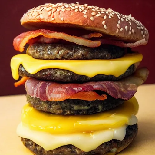 Prompt: 2 hamburger patties stacked on top of each other, medium well, slices of cheese, pickles, cheese, bacon melted