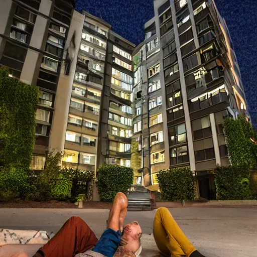 Prompt: Bums laying in front of Modern Apartment building with Beautiful Elaborate Architecture by Louis Comfort Tiffany, Victo Ngai, Clint Clearley, Daarken. Beautiful gardens. Nighttime. Apartment lights are on. DLSR. Streetlights. 4K HD