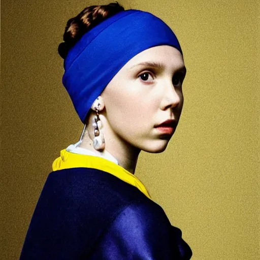 Prompt: Millie Bobby Brown with a pearl earring by Johannes Vermeer