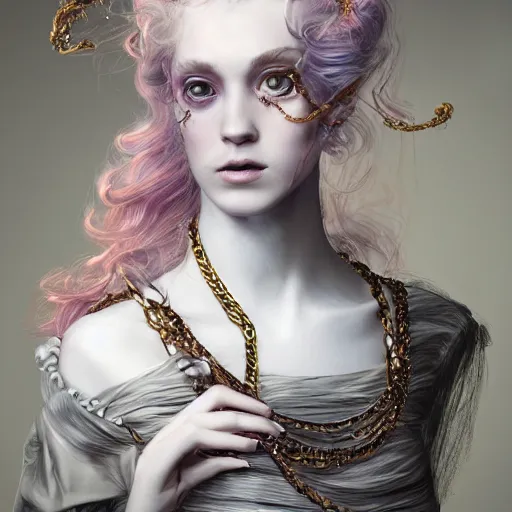 Prompt: A masterpiece portrait of a Incredibly beautiful futuristic high fashion queer model girl with a large luxurious Victorian necklace made of barbred wire. Rococo dress from firing wax candles. trending on artstation, digital art, by Stanley Artgerm Lau, WLOP, Rossdraws, James Jean, Andrei Riabovitchev, Marc Simonetti, Yoshitaka Amano