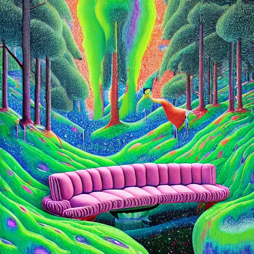 Image similar to psychedelic couch sofa in the pine forest, goose, milky way, designed by moebius, rob gonsalves, gustav dore, giuseppe arcimboldo and carl barks, louis wain, trending on artstation, canada, star, sharp focus, colorful refracted sparkles and lines, soft light, 8 k 4 k