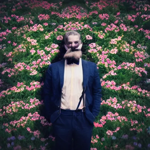 Image similar to photo portrait of a man with a moustache standing in front of flowers, tumblr contest winner, aestheticism, masculine, aesthetic