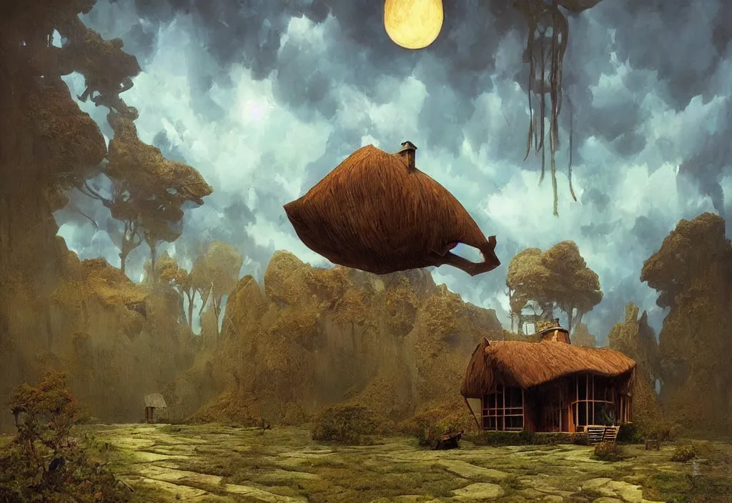 Image similar to a surreal cabin, art by james gurney and greg rutkowski, surrealism by salvador dali, very detailed, high resolution, inspired by rene magritte, volumetric lighting