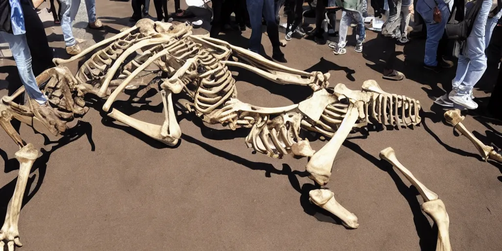 Image similar to giant human skeleton 2 0 feet tall discovered in the labrea tar pits in los angeles, on display media event, amazing, in the style of a news report