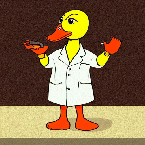 Prompt: a duck wearing a labcoat, lab in the background