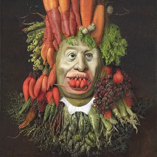Prompt: donald trump portrait made by composition of fruit and vegetables by giuseppe arcimboldo. mouth is a carrot, nose is a white radish