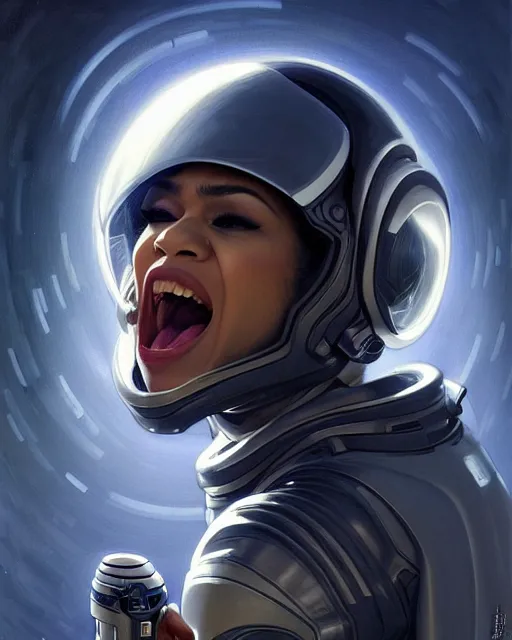 Image similar to zendaya screaming in fear in a space suit with a helmet levitating through the darkness of space, deep focus, D&D, fantasy, intricate, elegant, highly detailed, digital painting, artstation, concept art, matte, sharp focus, illustration, hearthstone, art by Artgerm and Greg Rutkowski and Alphonse Mucha