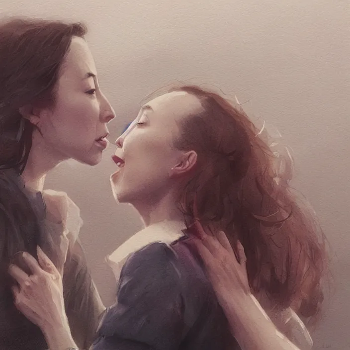 Image similar to jodie comer and sandra oh kiss by greg rutkowski