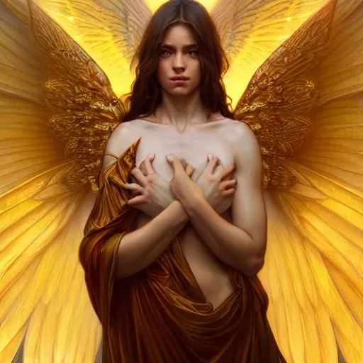 Image similar to wide angle full body portrait of an angel with a perfect face and perfect body crying, golden wings, intricate, highly detailed, digital painting, artstation, concept art, smooth, sharp focus, illustration, Unreal Engine 5, 8K, art by artgerm and greg rutkowski and alphonse mucha