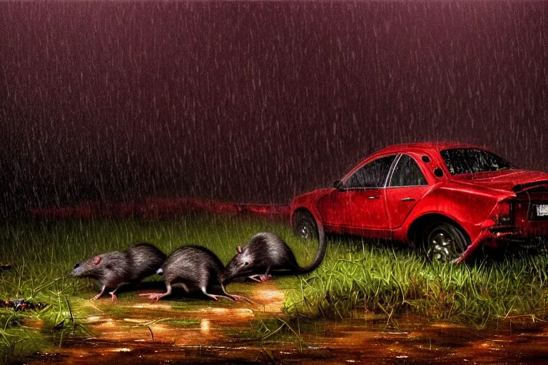 Image similar to a family of rats scurrying across a drenched field in a torrential rainstorm, in the style of andrei tarkovsky, intricate and epic composition, red by caravaggio, insanely quality, highly detailed, masterpiece, purple light, artstation, 4 k
