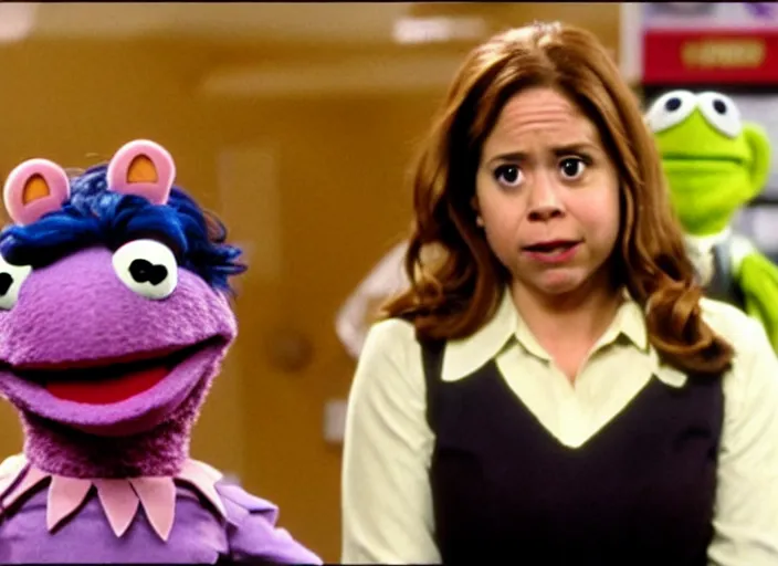 Image similar to film still of muppet!!!!! pam beesly!!!! as a muppet muppet muppet as a muppet in the tv show the muppet office