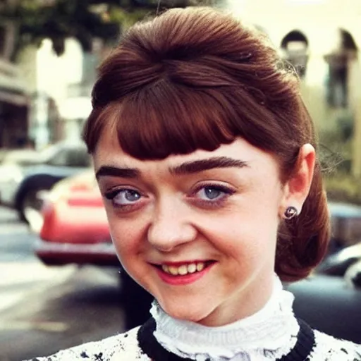 Prompt: a young woman who looks like a cross between audrey hepburn and maisie williams. amused. flirty.