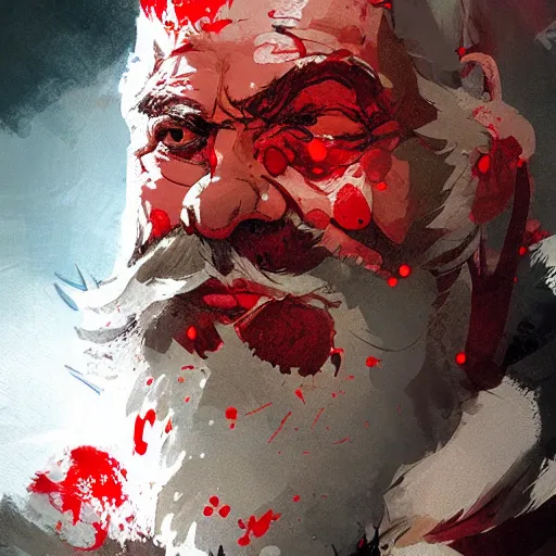 Prompt: portrait of Santa Claus l, angry expression, face covered in blood, dramatic lighting, illustration by Greg rutkowski, yoji shinkawa, 4k, digital art, concept art, trending on artstation