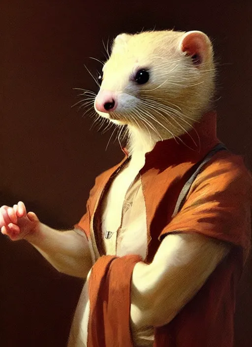 Image similar to a beautiful closeup shot from a marvel film of a humanoid ferret wearing a loose tunic. an anthropomorphic ferret. portrait. joseph ducreux, greg rutkowski.