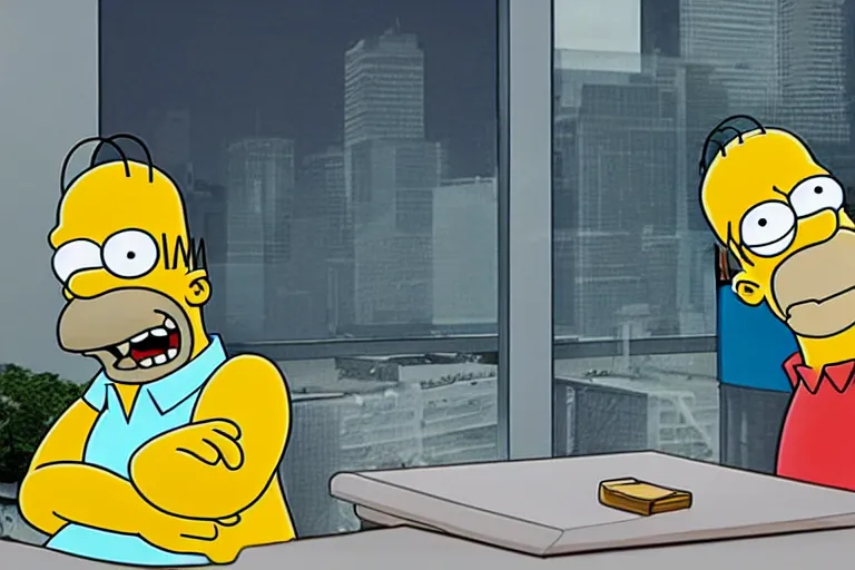 Image similar to Homer Simpson sits at the office table and monitors the fall of Bitcoin and is angry, CryEngine