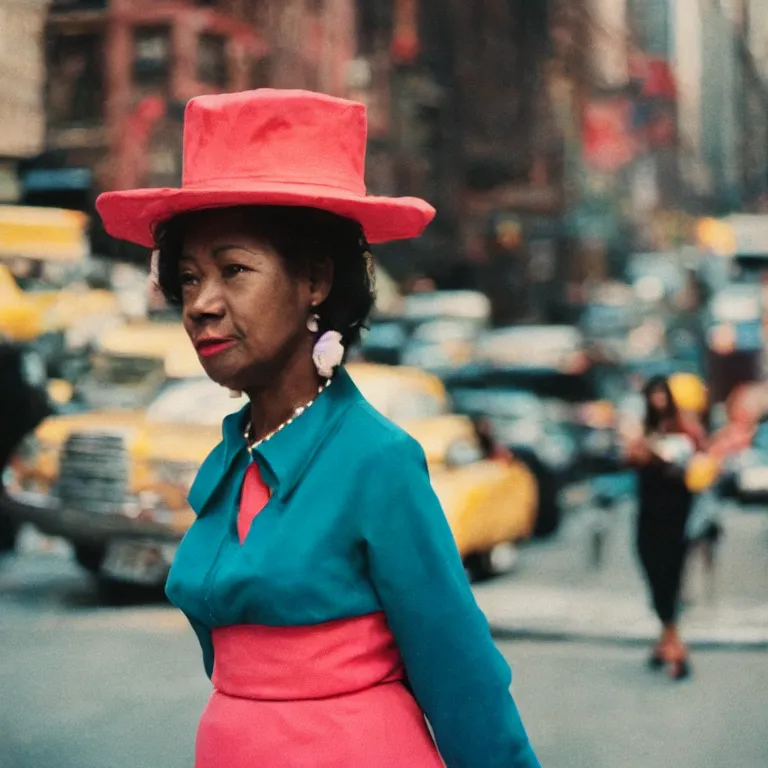 Prompt: medium format film close up portrait of colourful walking woman in new york by street photographer, 1 9 6 0 s hasselblad film photography, featured on unsplash, soft light photographed on colour vintage film
